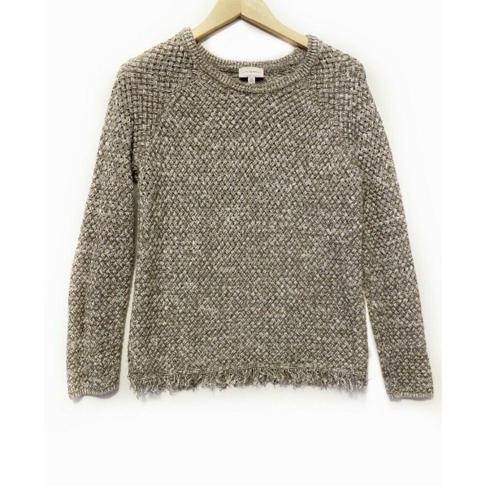 Lucky Brand Basket Weave Crew Neck Fringe Hem Knit Sweater Size Small